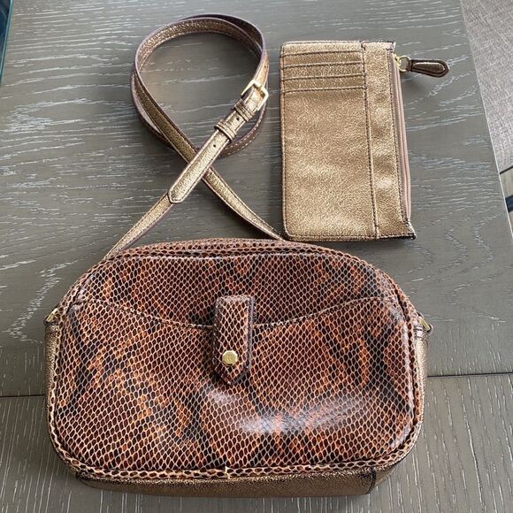G.I.L.I. Handbags - G.I.L.I Women’s Snake Print Leather Gold Rose Crossbody Bag Purse and Wallet Set